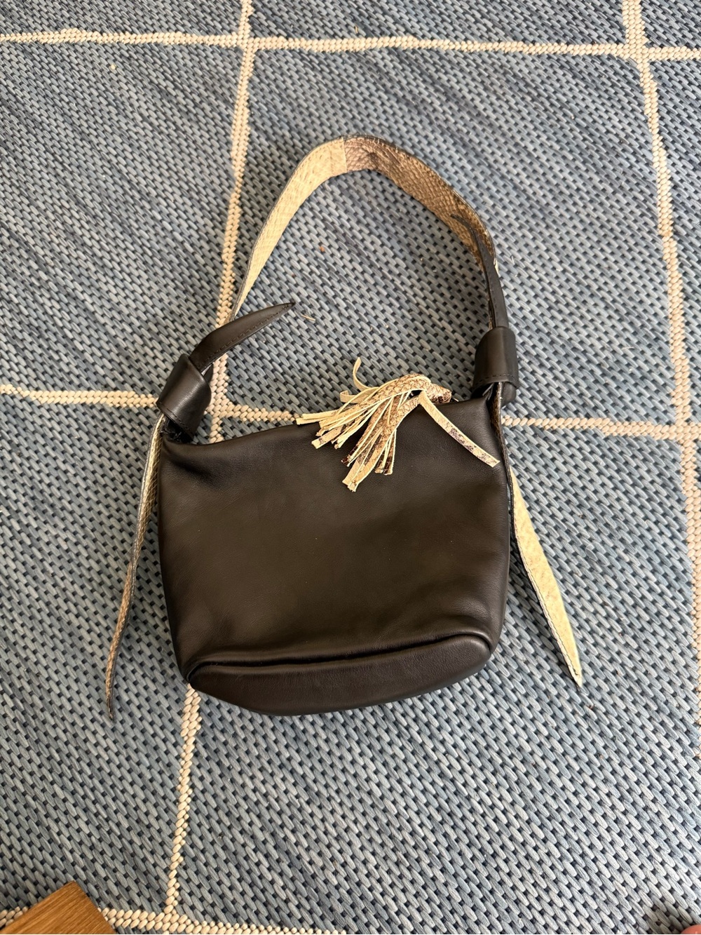 Black Leather Shoulder Bag with Tassel Accent - Picture 1 of 5